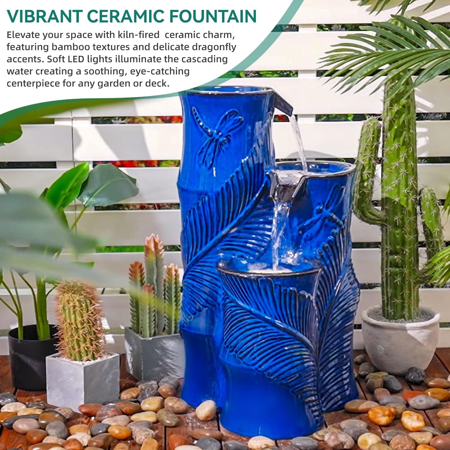 Ceramic Outdoor Water Fountain with LED Lights, 25.5' H 3-Tier Bamboo-Style Cascading Waterfall, Tropical Leaf & Dragonfly Textured Water Feature for Garden Patio Yard Relaxation Oasis