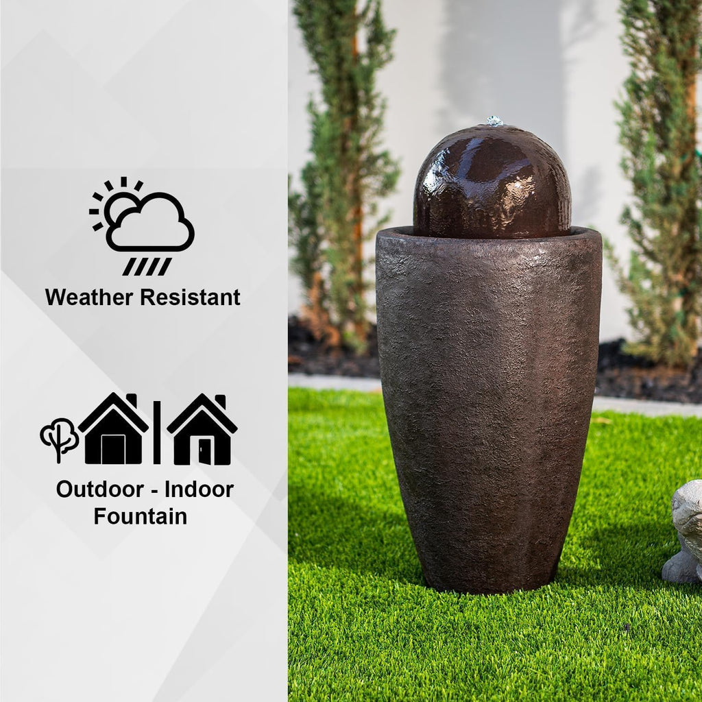 XBrand 25.98' H Black Round Stone Indoor/Outdoor Modern Sphere Water Fountain with LED Lights – Ball Bubbling Fountain Décor for Garden, Patio, or Tabletop