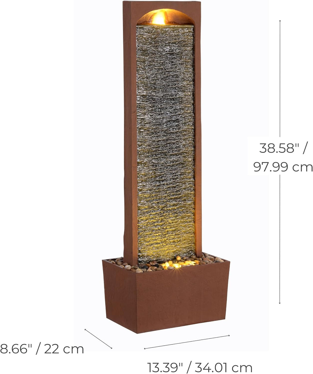 Teamson Home 38.5' Faux Slate Contemporary Outdoor LED Waterfall Fountain with Pebble Base, Red Rock