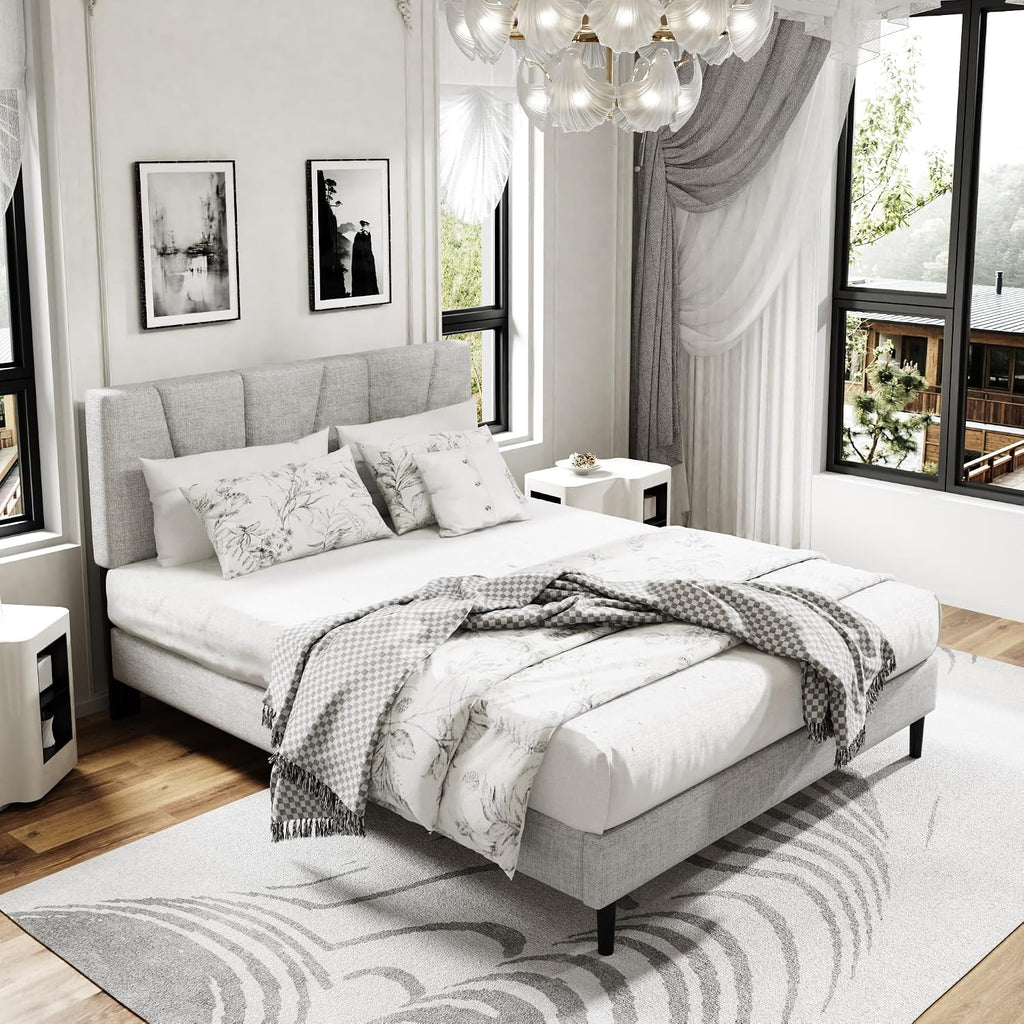 Sismplly Queen Size Platform Bed Frame with Upholstered Headboard, Wooden Slats Support, Noise Free, No Box Spring Needed, Easy Assembly, Light Grey, Linen