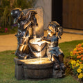 Glitzhome Outdoor Water Fountain with LED Light, Children Playing with Faucet Waterfall Fountains, Antique Bronze Resin Boy and Girl Statue Outdoor Waterfall Fountain for Patio Backyard Garden, 25'H