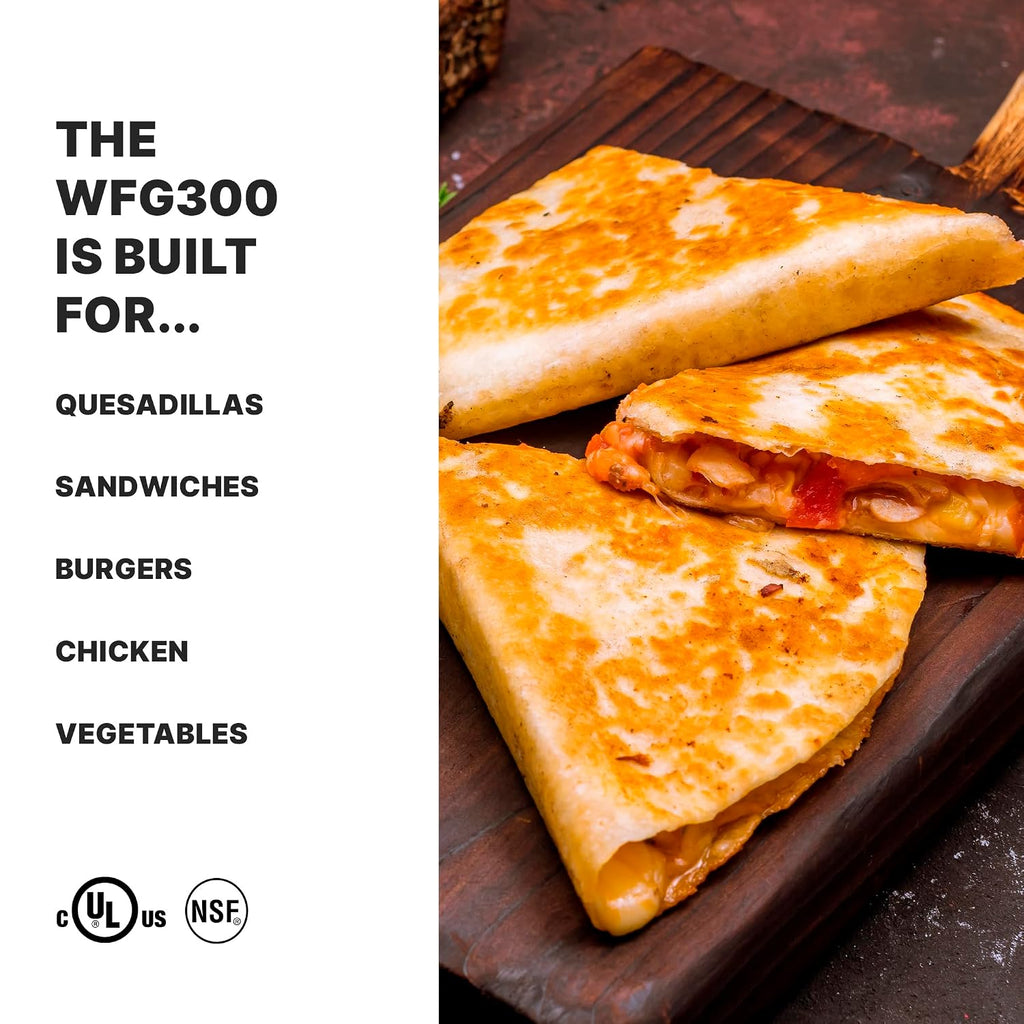 Waring Commercial Panini Press, Double Flat Cast Iron Plates, 17' x 9.25' Cooking Surface, 570°F Adjustable Thermostat, for Sandwiches up to 3' Thick, Professional Kitchen Grill, 240V, WFG300