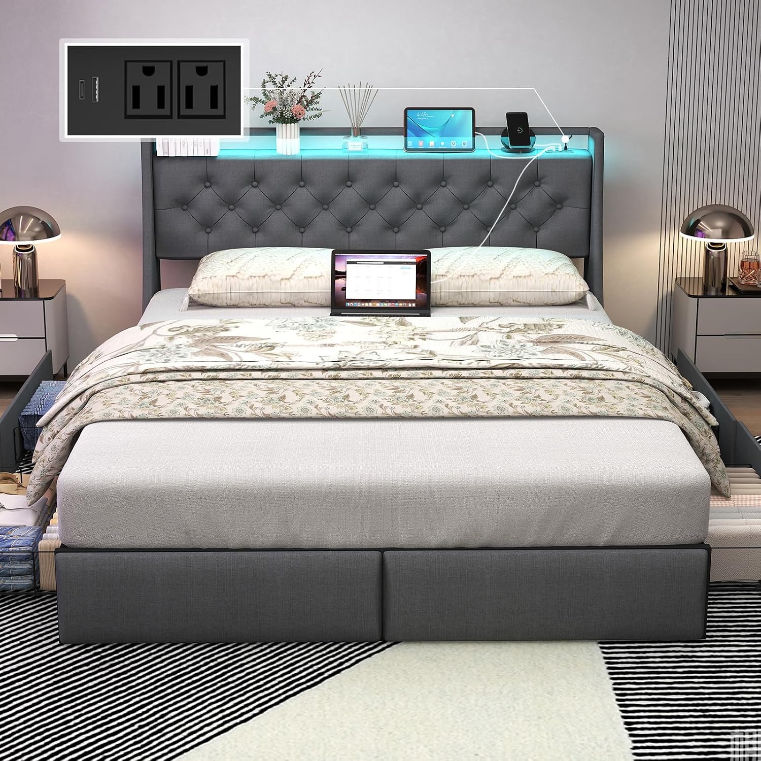 Queen Bed Frame with 4 Stoarge Drawers and LED Lights, Upholstered Platform Queen Size Bed Frame with Charging Station, Steel Slats Support, No Box Spring Needed, Noise-Free, Easy Assembly, Gray
