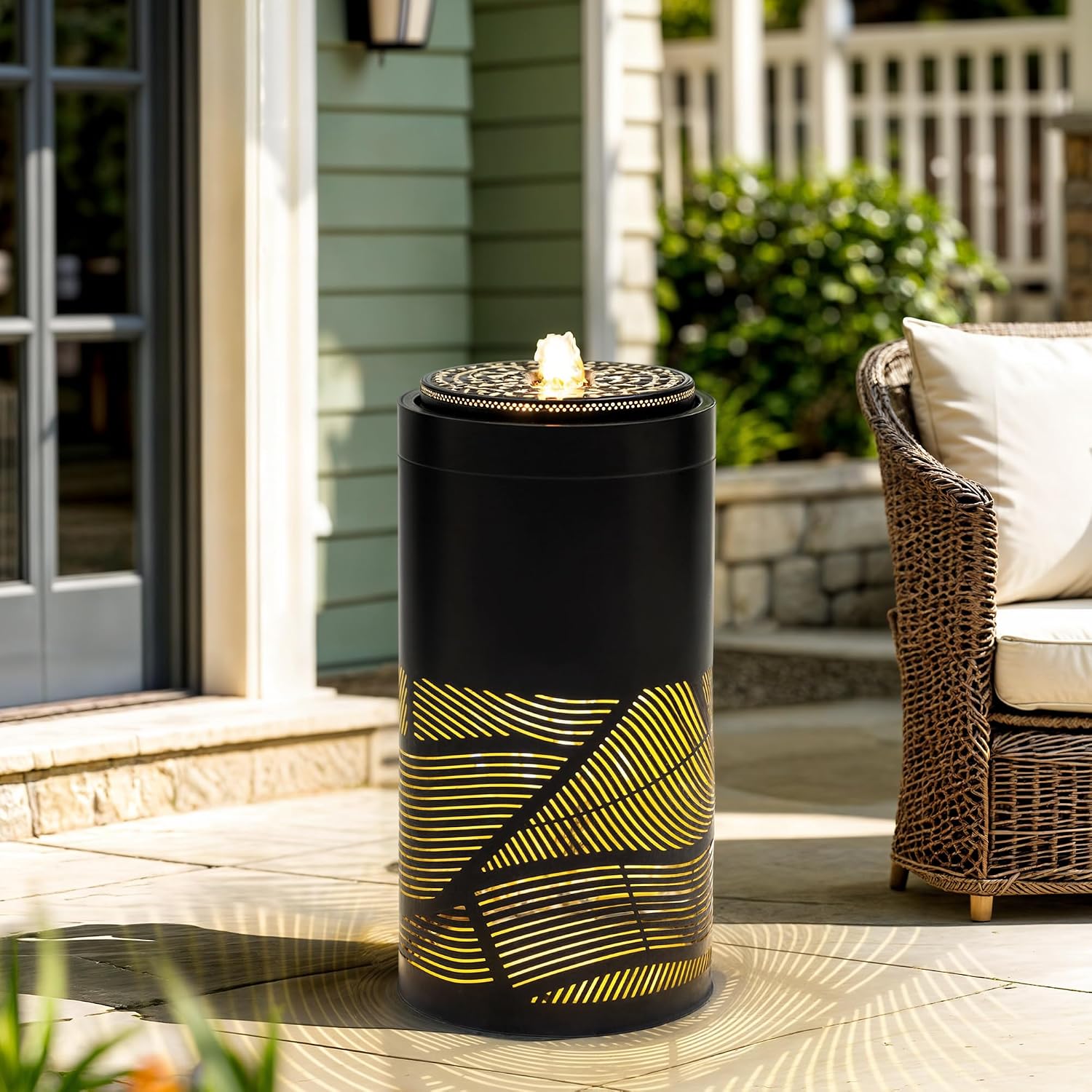 23.6'H Modern Metal Outdoor Water Fountain with LED Lights, Matte Black Geometric Cutout Bird Bath Garden Fountain, Soothing Waterfall Feature for Patio, Yard, Porch, 23.6'H-Sleek Matte Black