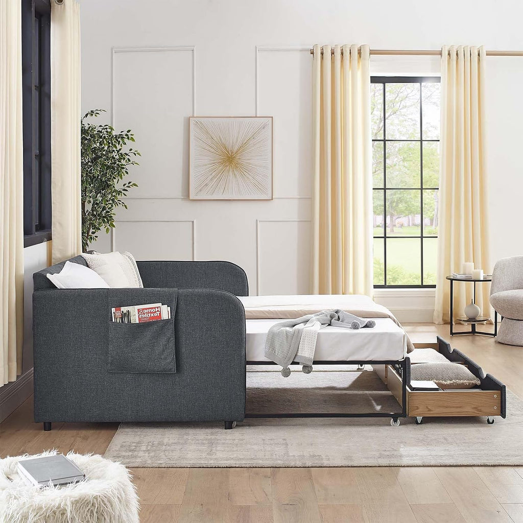 Antetek 80.5' Daybed with Drawer, Modern Button Tufted Linen Day Bed with Trundle Bed Twin to King, Upholstered Daybed Frame w/Storage Pocket for Bedroom, Living Room, No Box Spring Needed, Dark Grey