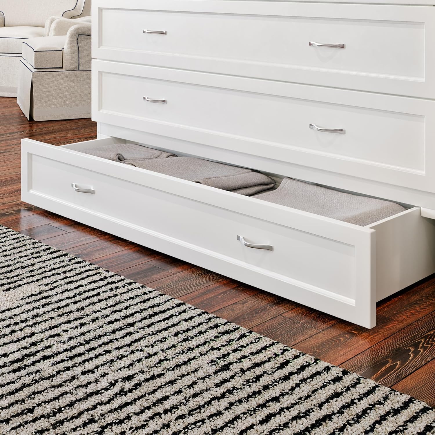 AFI Northfield Queen Size Murphy Bed Chest with Mattress, Storage, & Built-in Charger in White