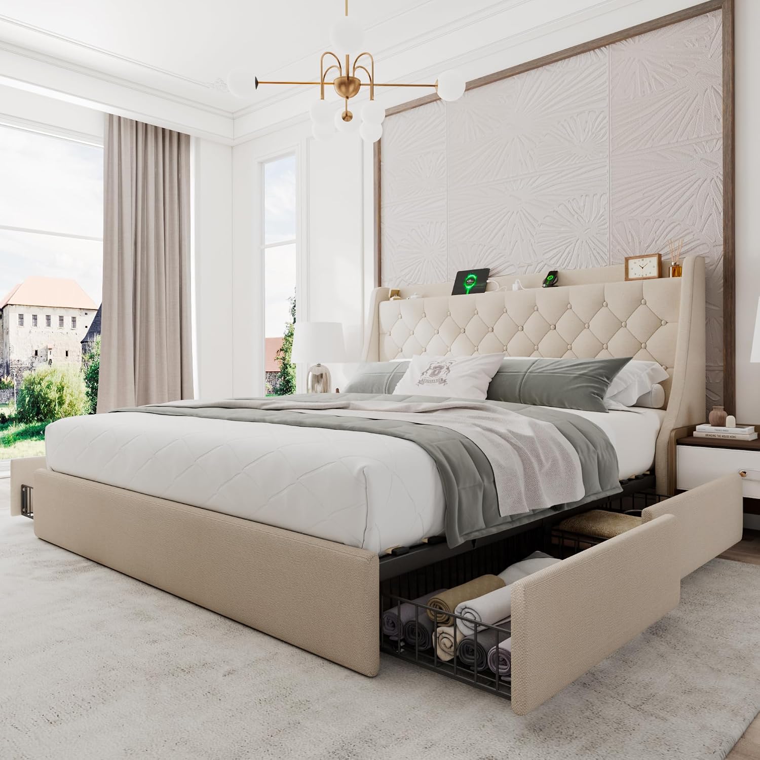 Einhomn Upholstered King Size Bed Frame with 4 Storage Drawers, Modern Platform Bed with Wingback Headboard, Charging Station, No Box Spring Needed, Beige