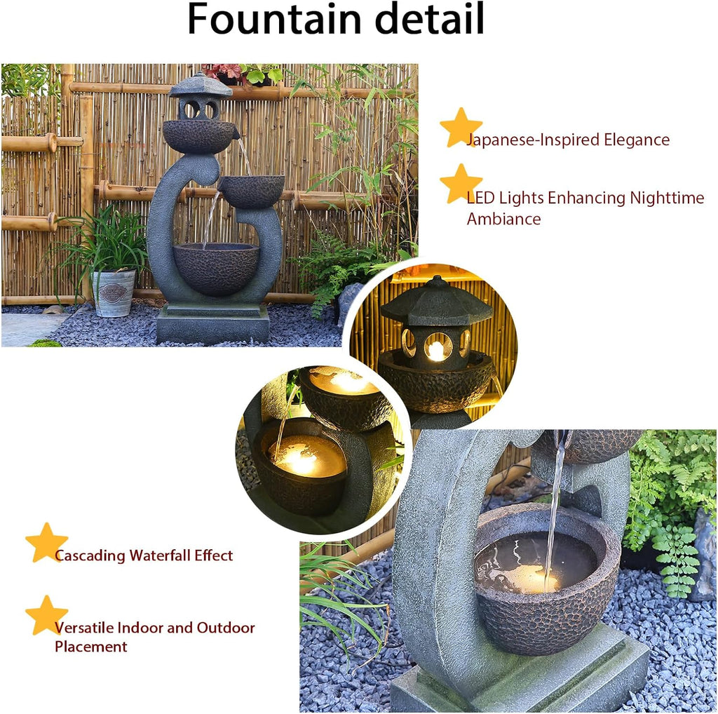 Tankana Water Fountain Outdoor Zen Feature - Garden Tranquil Pagoda Waterfalls Fountains Bowl with LED Lights & Pump for Patio Yard Porch Pool, Gray, 35.5 inches