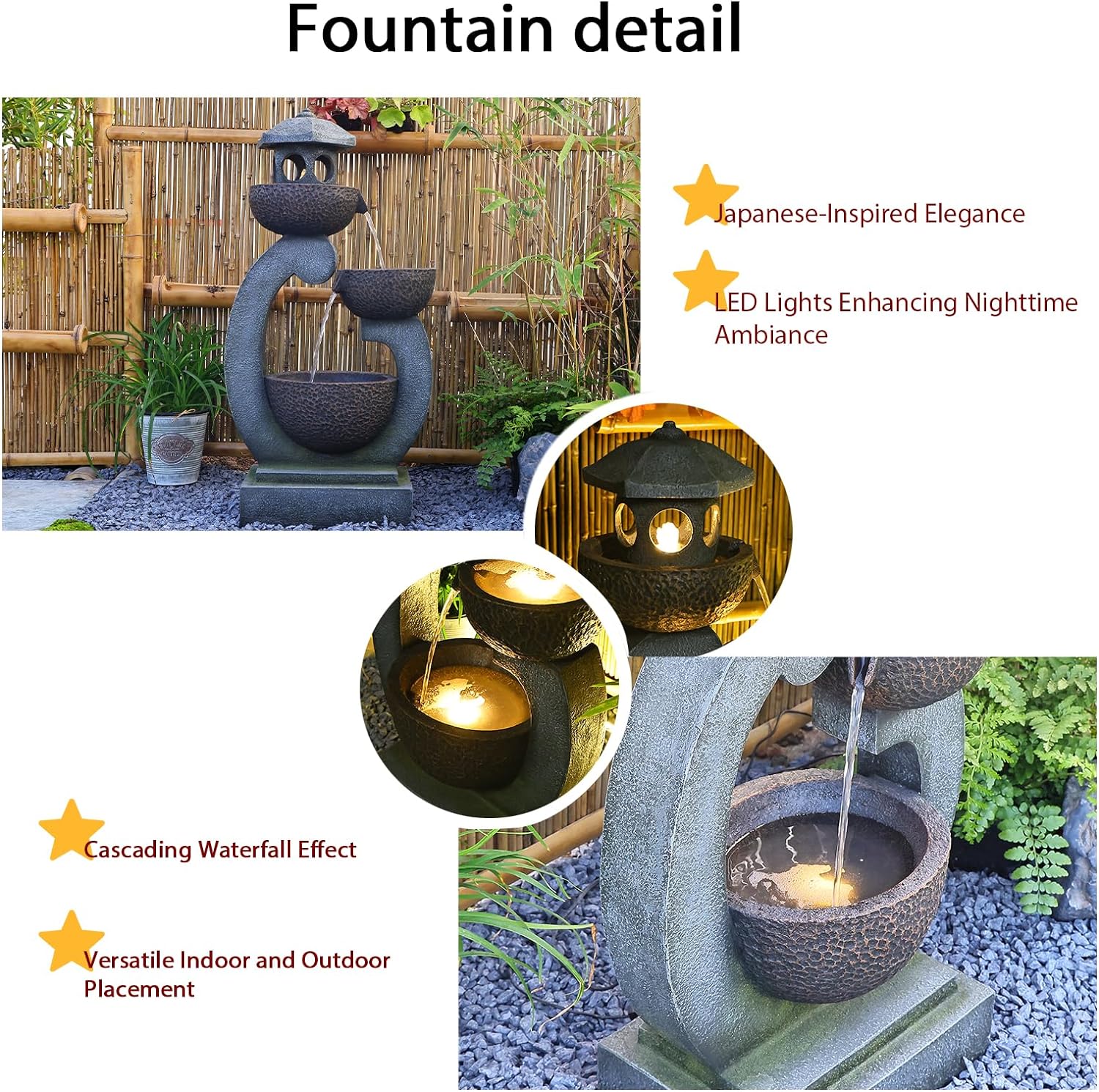 Tankana Water Fountain Outdoor Zen Feature - Garden Tranquil Pagoda Waterfalls Fountains Bowl with LED Lights & Pump for Patio Yard Porch Pool, Gray, 35.5 inches
