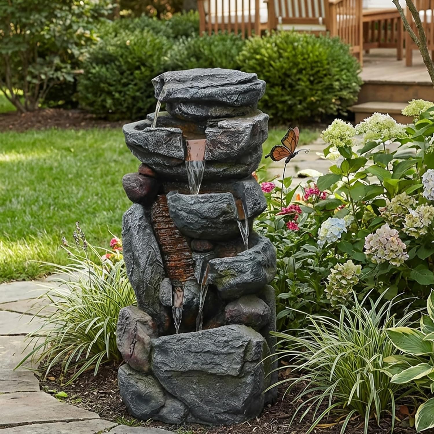 Bumilgar Water Features Outdoor Patio 6-Tier Cascading Rock Water Fountain 31.5''Water Fall Fountain Outside Resin Fountain with Light Mossy Rock Floor Garden Fountain Indoor for Relaxation Home Decor