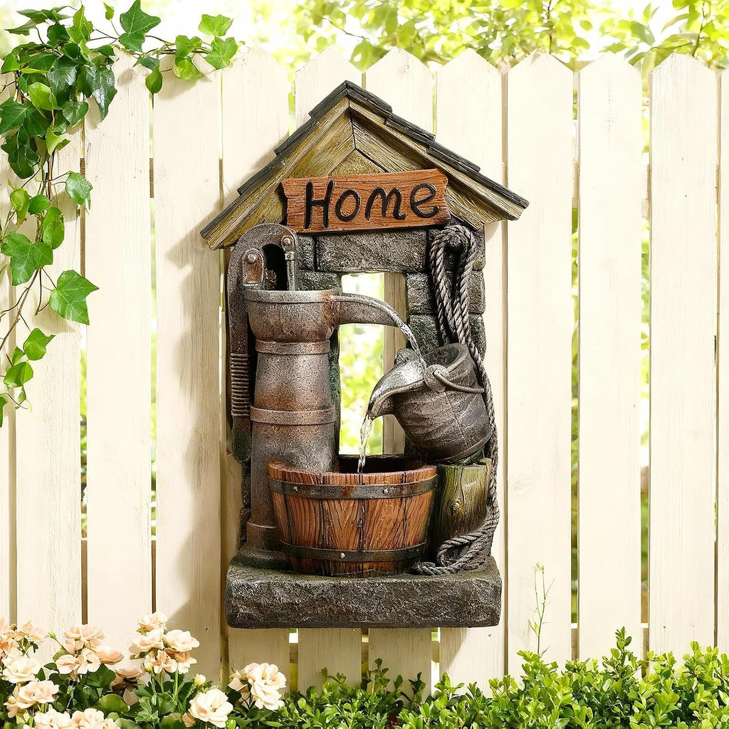 Vintage Country Style Wall-Mounted and Freestanding Outdoor Fountain, 28.7 H Resin Garden Water Feature with Water Well and Wine Barrel for Gardens, Landscaping, Patios, Balconies, Lawns