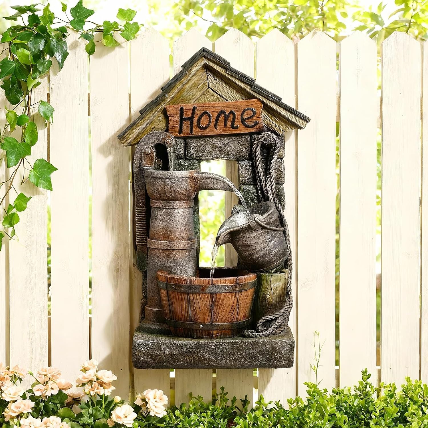 Vintage Country Style Wall-Mounted and Freestanding Outdoor Fountain, 28.7 H Resin Garden Water Feature with Water Well and Wine Barrel for Gardens, Landscaping, Patios, Balconies, Lawns