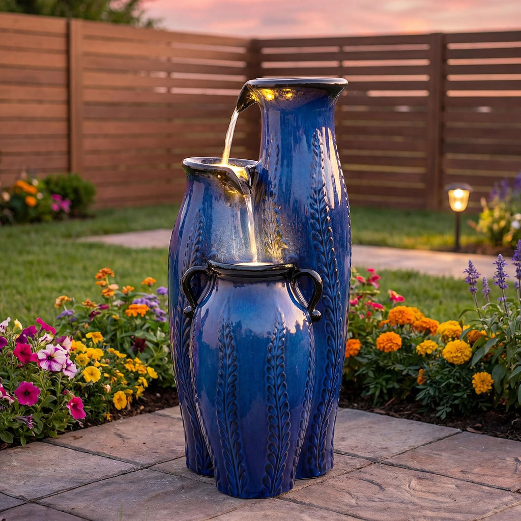 29.5' H Ceramic Outdoor Water Fountain with LED Lights, 3-Tier Vase Cascading Water Feature, Cobalt Blue with Embossed Leaf Patterns, Tranquil Waterfall for Garden, Patio, Yard, or Porch