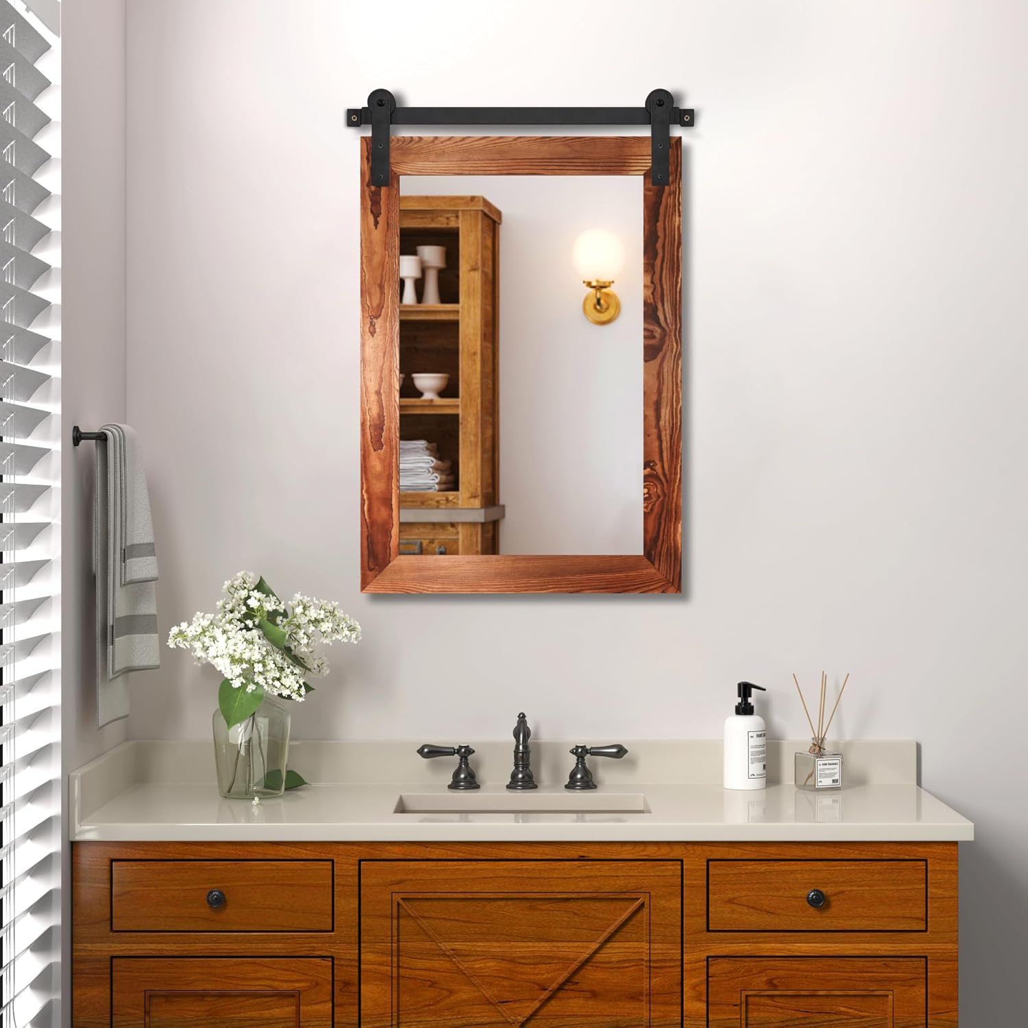 COGOOD Farmhouse Barn Door Wall Mirror - 25' X 38' Rustic Wood Framed Mirror for Bathroom, Living Room, Entryway Wall Decorative (Brown)