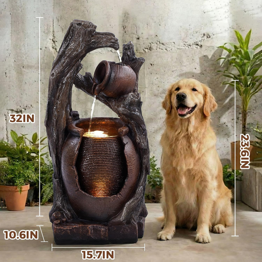 32' H Outdoor Water Fountain, Rustic 2-Tier Clay Pot Water Fountain and Waterfalls with 2 Warm LED Lights, Natural Feature Garden Fountains for Patio, Backyard, Deck, Porch, Home Decor