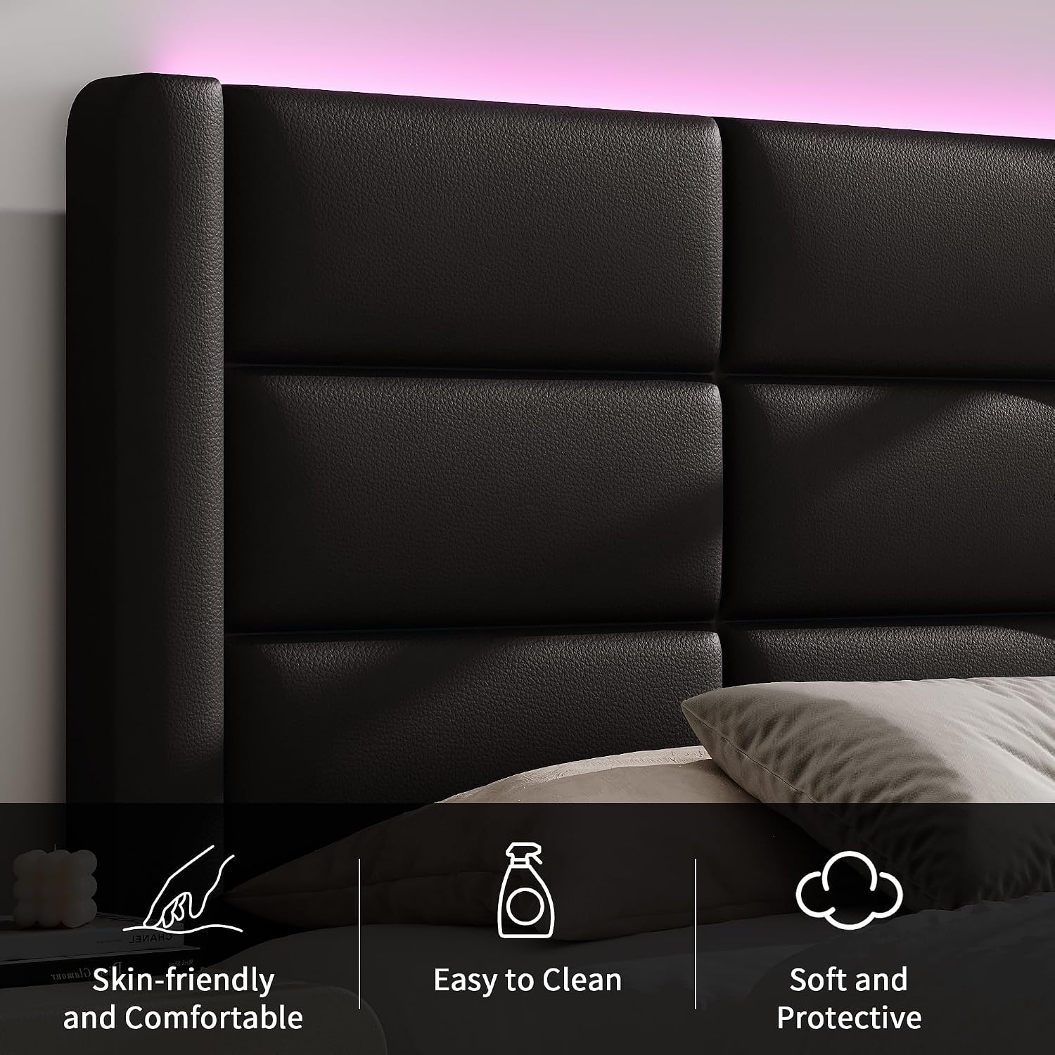 Full Size Upholstered Bed Frame with LED Lights Headboard, Modern Faux Leather Bed Frame with Wooden Slats Support and Heavy Duty Mattress Foundation, No Box Spring Needed, Easy Assembly, Black
