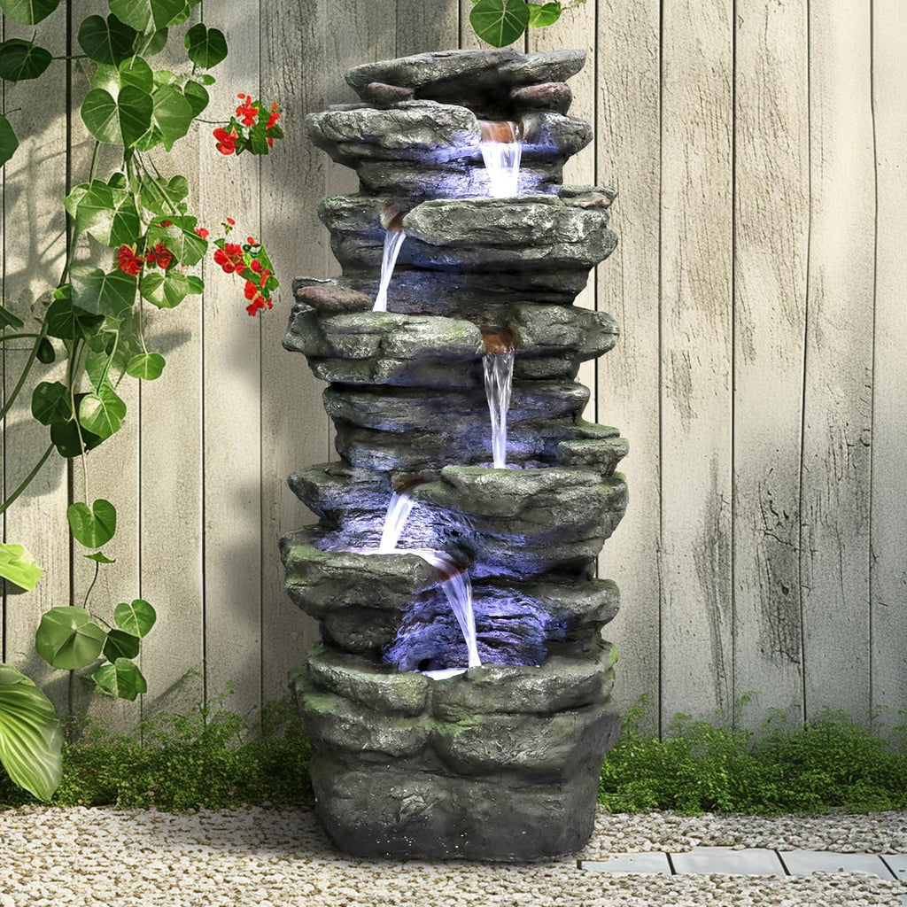 SunJet 40' High 6-Tiers Cascading Rock Outdoor Water Fountain with LED Lights - Large Outdoor Fountains and Waterfalls for Garden or Patio, Yard, and Deck Decor, Featuring Natural Stone Look
