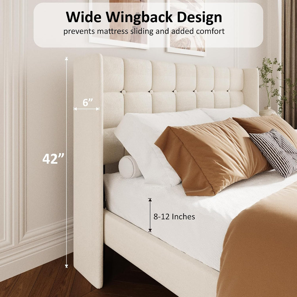 Queen Size Bed Frame with Wingback Headboard, Velvet Upholstered Platform Bed Frame with Button Tufted Headboard, Wooden Slats Support, No Box Spring Needed, Noise Free, Easy Assembly, Beige