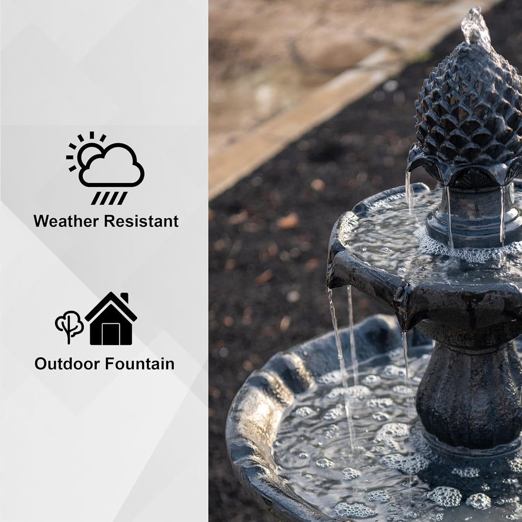 XBrand 44' Solar Powered 2-Tier Outdoor Water Fountain, Fiberglass Resin Fountain with Solar Panel and Auto Shut-Off Pump, Black