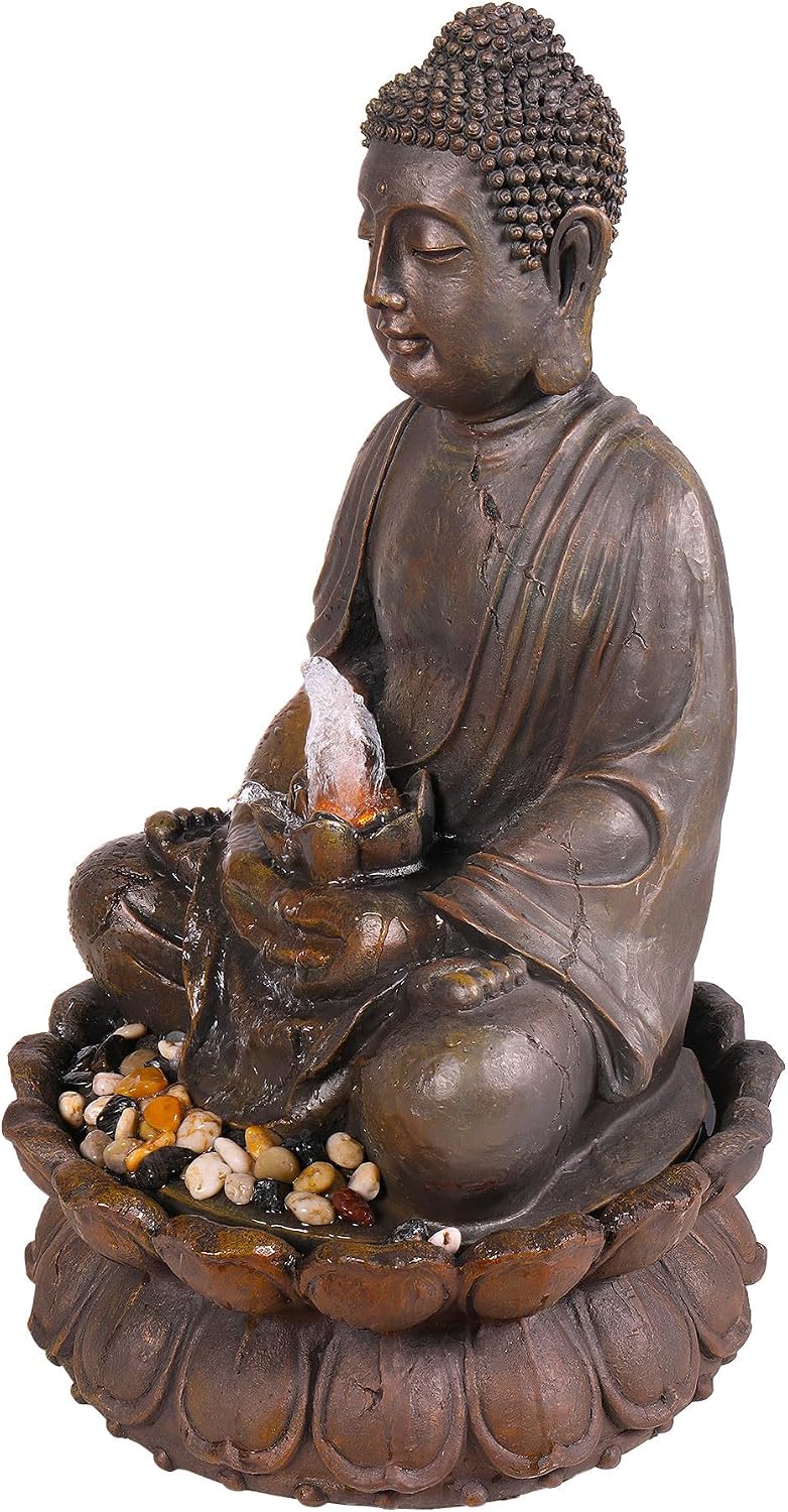 Alpine Corporation GEM122 Outdoor Floor Meditating Soothing Buddha Statue Waterfall Fountain for Garden, 33', Bronze