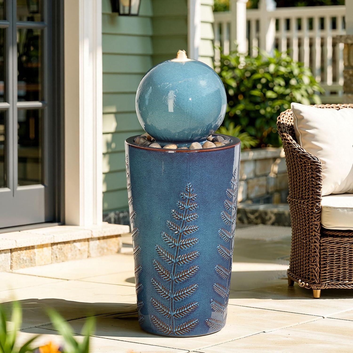 29.5' H Ceramic Sphere Water Fountain with LED Lights, Modern Nature-Inspired Design, Teal Blue Glaze with Leaf Patterns & Pebbles, Soothing Trickling Water Feature for Patio, Yard and Garden