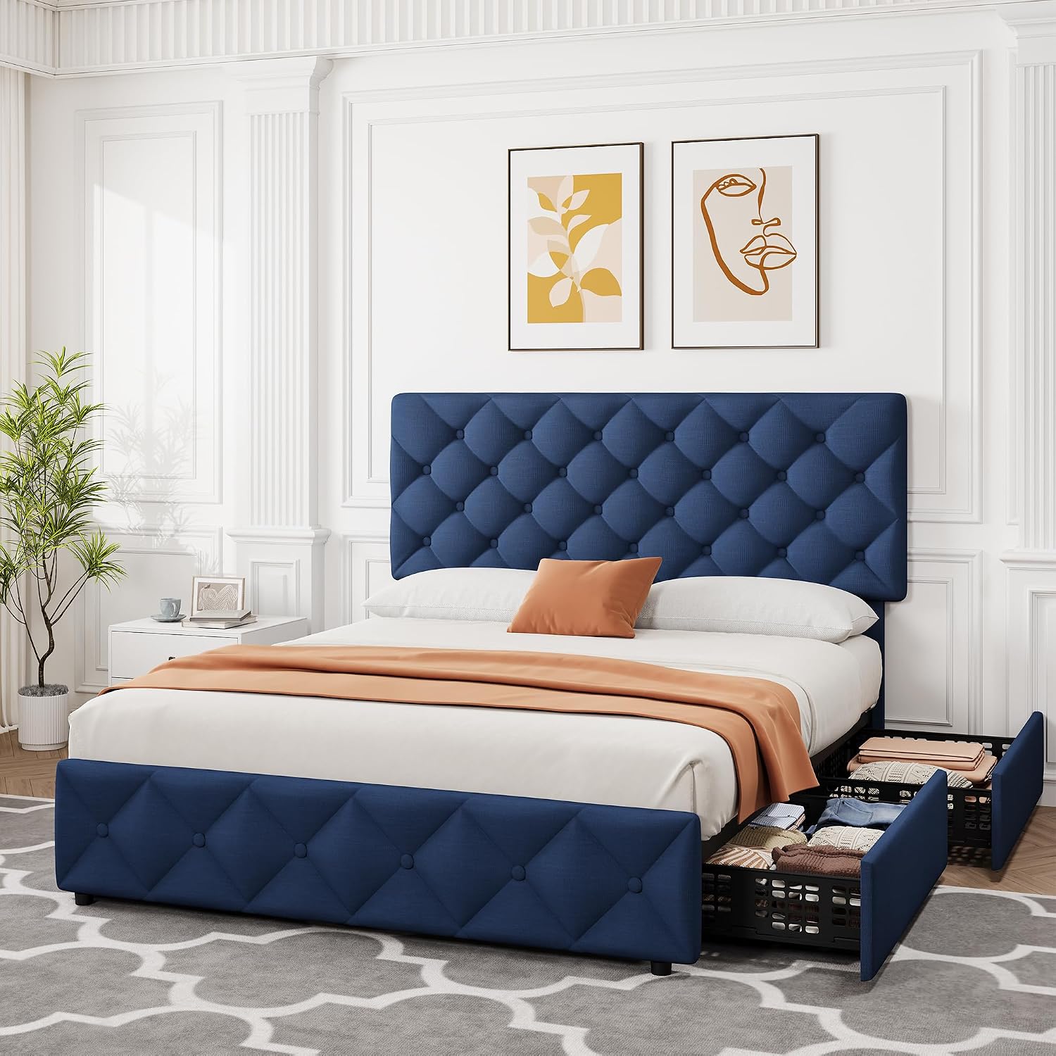 IDEALHOUSE Full Size Bed Frame with 4 Storage Drawers and Adjustable Headboard, Linen Upholstered Platform Beds, Diamond Stitched Button Tufted, No Box Spring Needed, Blue