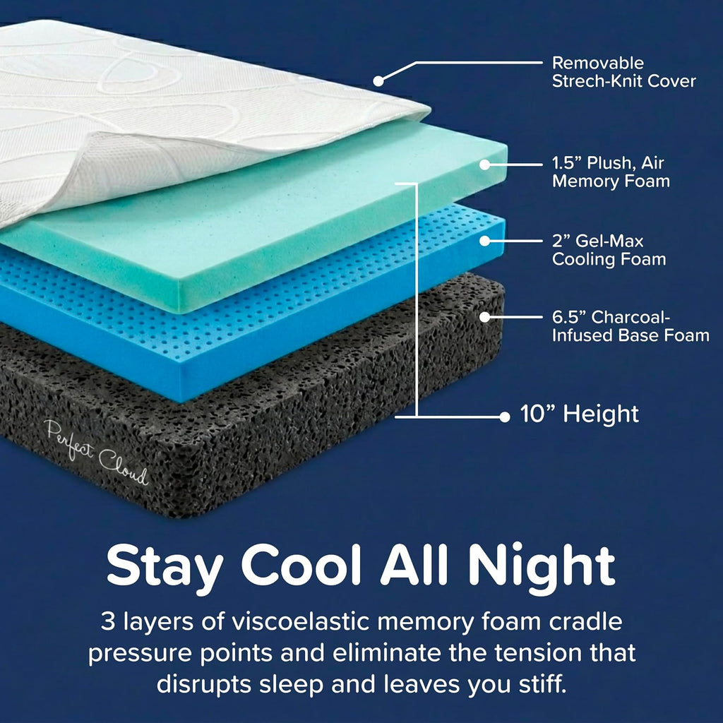 Perfect Cloud UltraPlush Full Mattress - 10 Inch Cooling Gel Memory Foam, Charcoal-Infused, Pressure Relief, Motion Isolation, Bed in a Box, Made in USA (RV Short Queen)