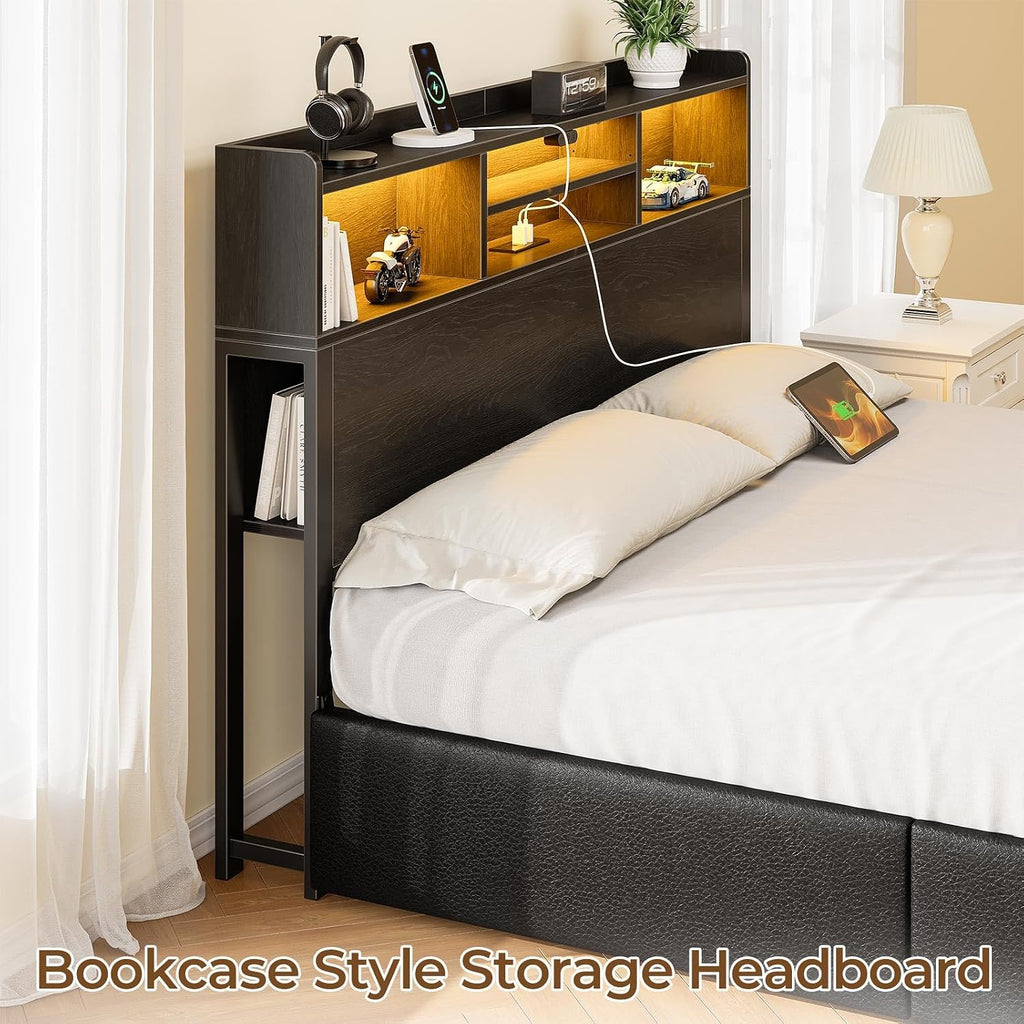 Rolanstar Queen Bed Frame with Storage Headboard & 4 Drawers, Metal Platform Bed with Charging Station, LED Single Bed with Side Shelf, No Box Spring Needed, Easy Assembly, Black