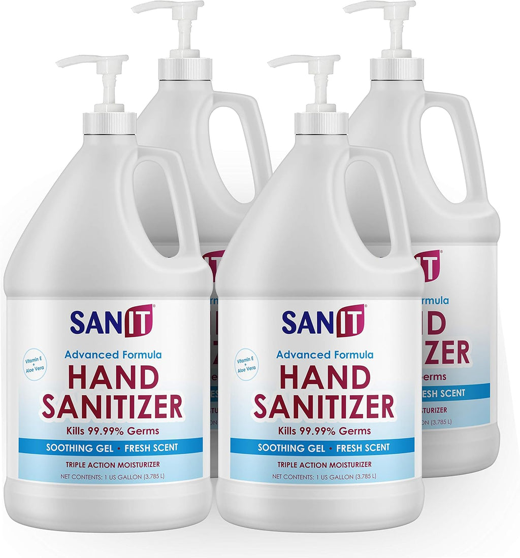 Sanit Moisturizing Hand Sanitizer Gel 70% Alcohol - Kills 99.99% Germs, Advanced Formula with Vitamin E and Aloe Vera - Soothing Gel, Fresh Scent, Made in USA - 1 Gallon with Pump, 4 Pack