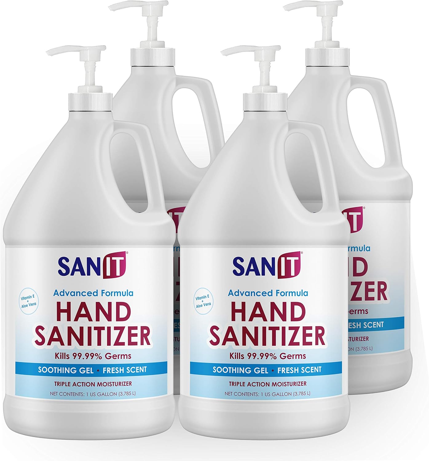 Sanit Moisturizing Hand Sanitizer Gel 70% Alcohol - Kills 99.99% Germs, Advanced Formula with Vitamin E and Aloe Vera - Soothing Gel, Fresh Scent, Made in USA - 1 Gallon with Pump, 4 Pack
