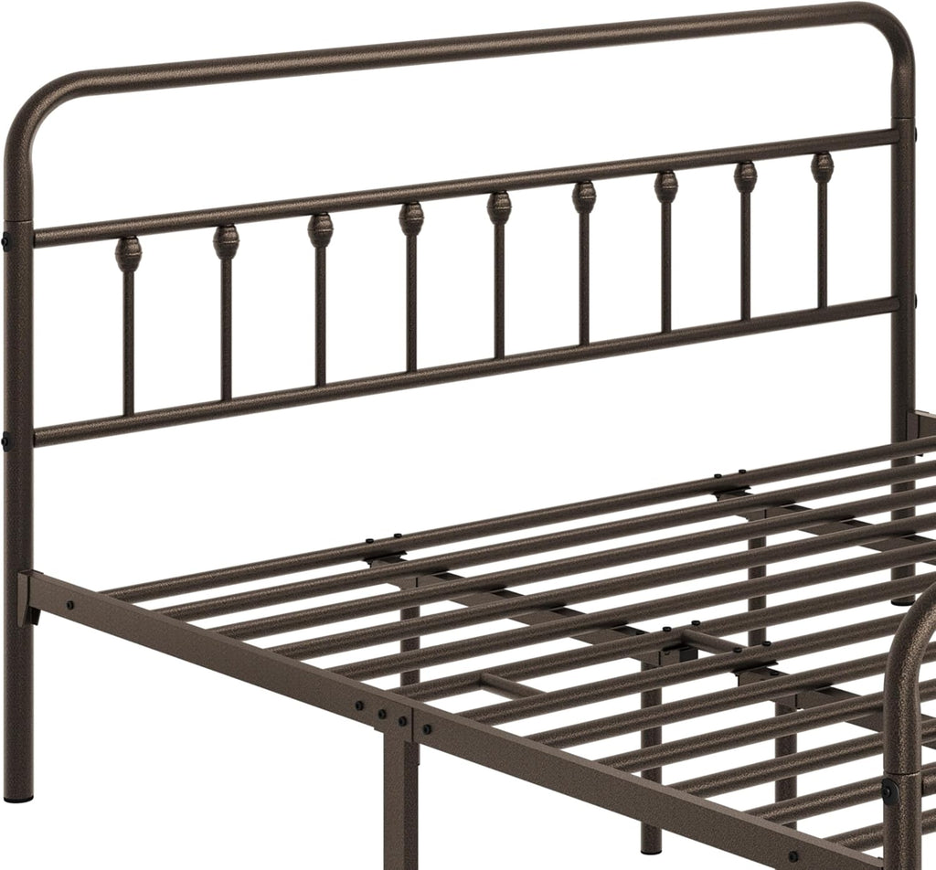 Topeakmart King Size Victorian Style Metal Bed Frame with Headboard/Mattress Foundation/No Box Spring Needed/Under Bed Storage/Strong Slat Support Bronze