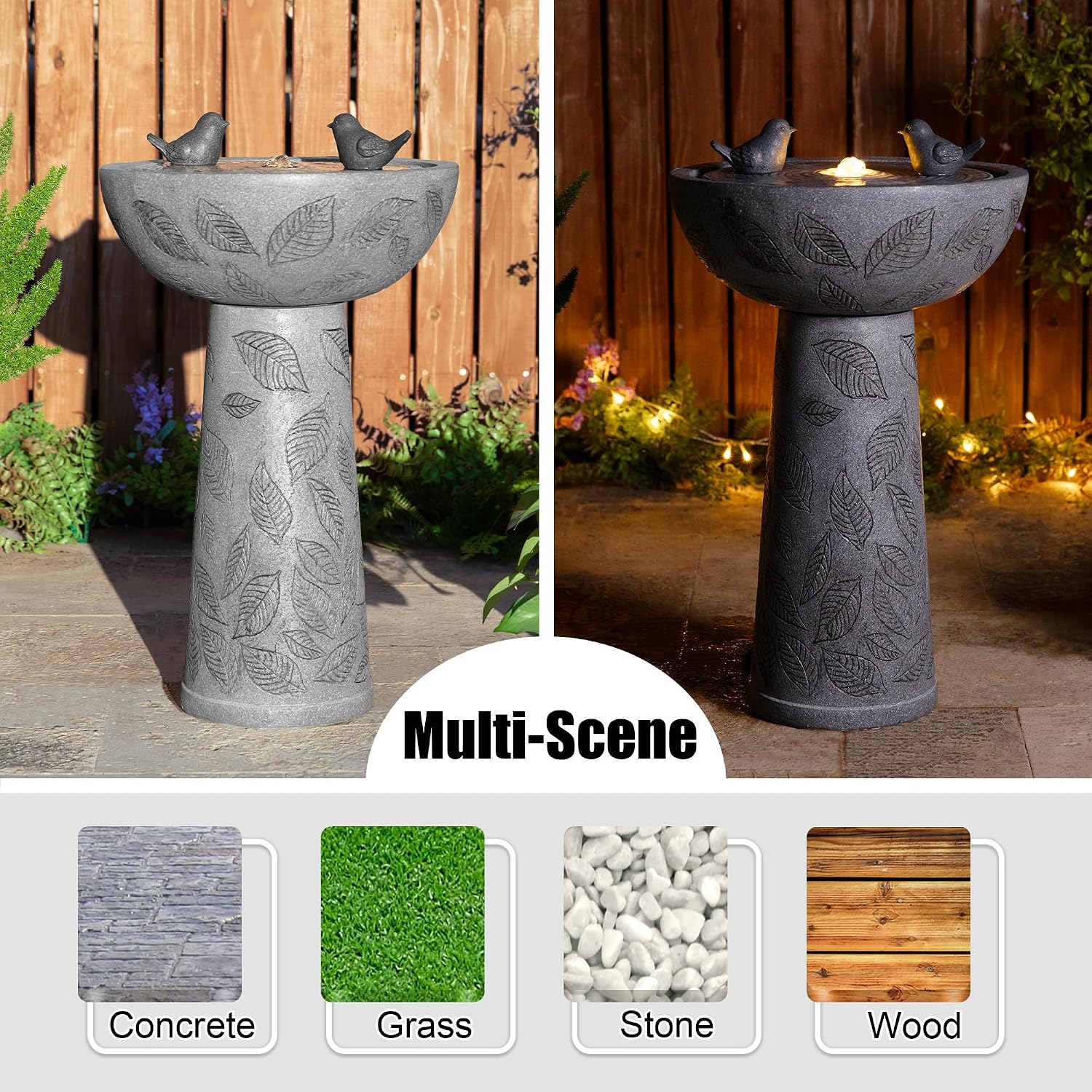 Glitzhome Outdoor Water Fountain with Lights & Pump, Bird Bath Fountain with Birds, 27.5' H Polyresin Floor Waterfall Fountains Water Feature for Garden, Yard, Patio, Home Decor