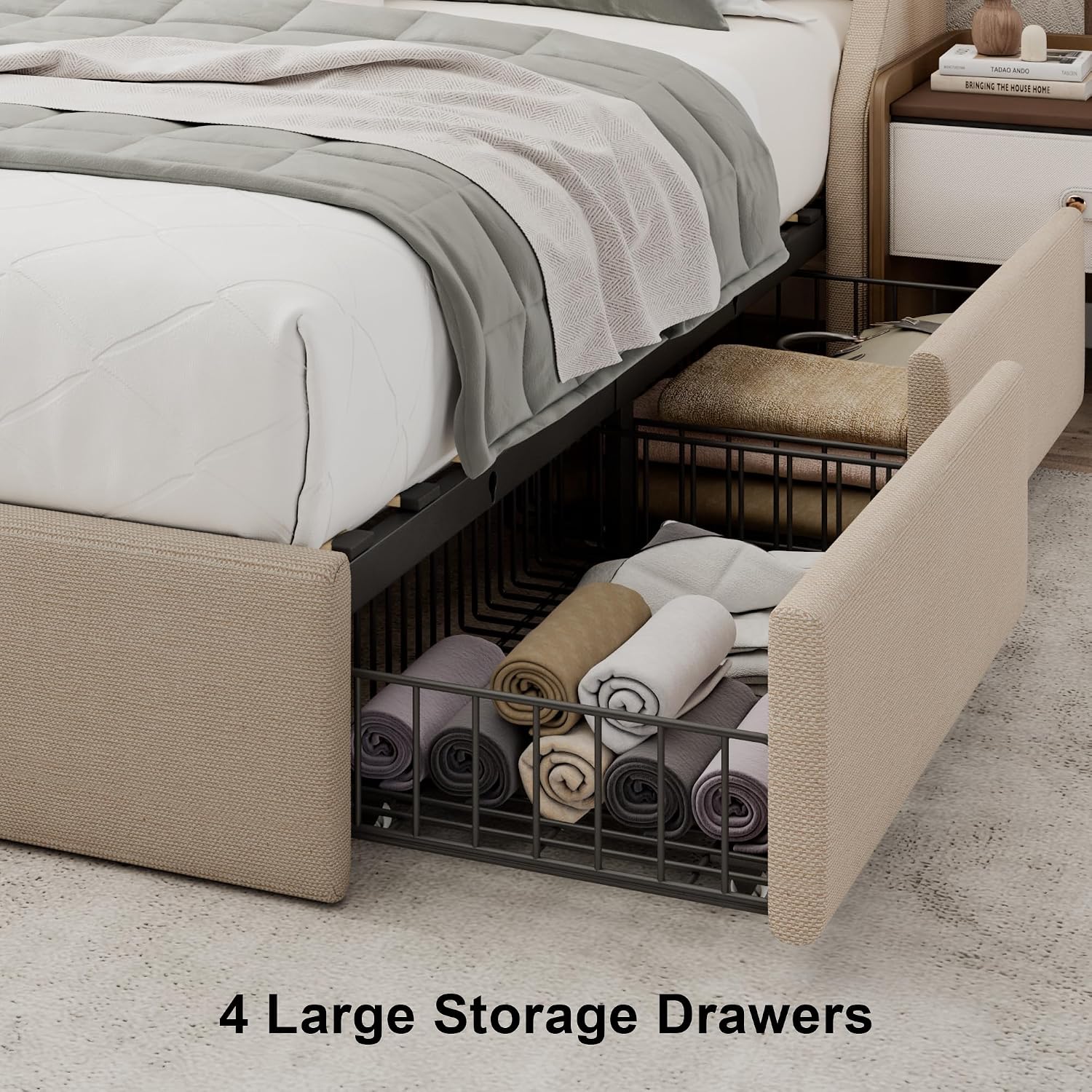 Einhomn Upholstered Queen Bed Frame with 4 Storage Drawers, Modern Platform Bed with Wingback Headboard, Charging Station, No Box Spring Needed, Beige
