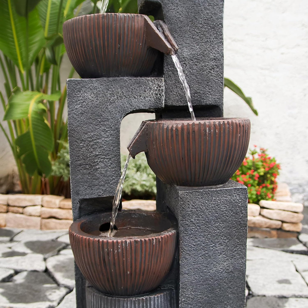 4 Tiered Cascading Outdoor Water Fountain with LED Lights 39.37''H Floor-Standing Garden Waterfall Fountains 4 Bowls Water Feature Fall for Patio Yard Porch Home Art Decor