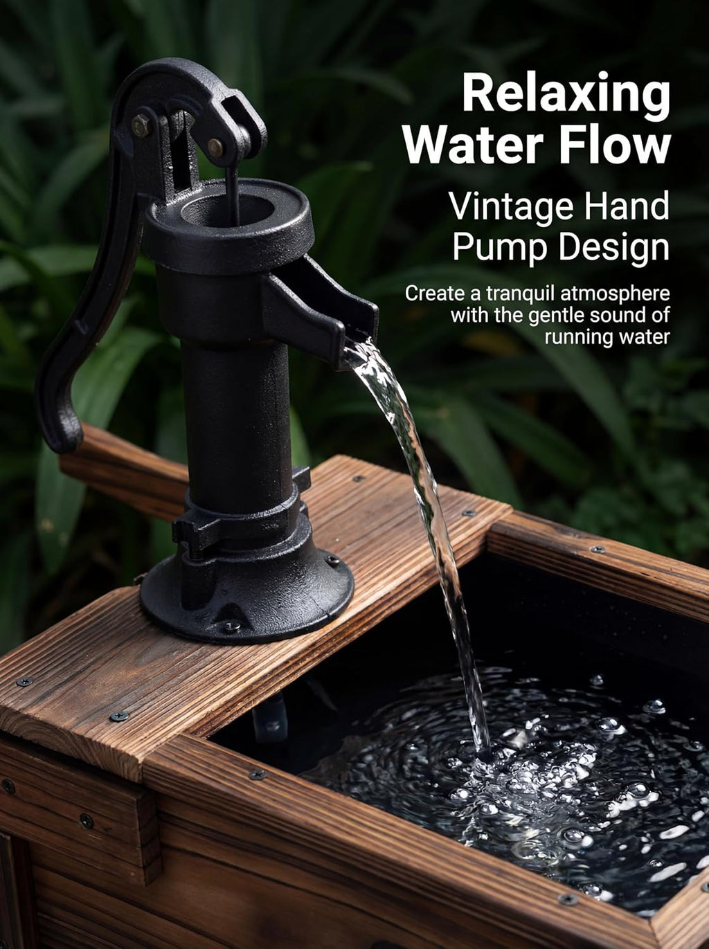 Carbonized Wood Outdoor Freestanding Fountain - Movable Vintage Hand Pump Cart, Solar-Powered Electric Decorative Water Feature for Patio, Garden & Indoor Decoration