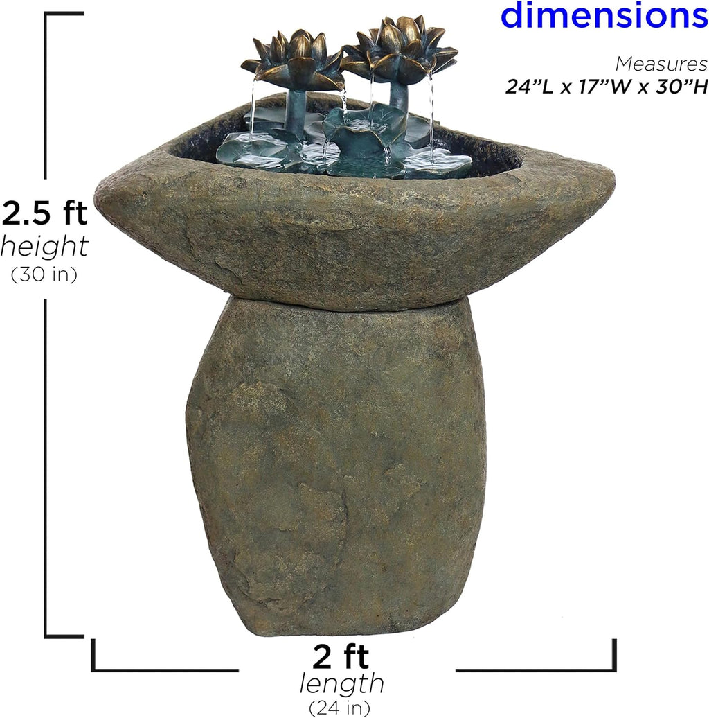 Alpine Corporation USA1393 Outdoor Floor Vintage Pedestal Lotus Rock Water Fountain, Soothing Pedestal Waterfall, 30', Brown