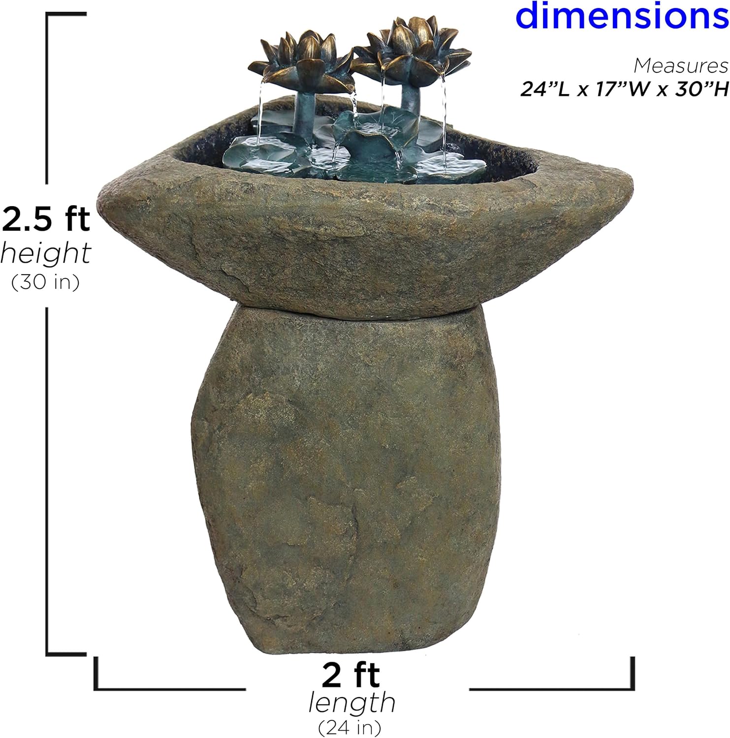 Alpine Corporation USA1393 Outdoor Floor Vintage Pedestal Lotus Rock Water Fountain, Soothing Pedestal Waterfall, 30', Brown