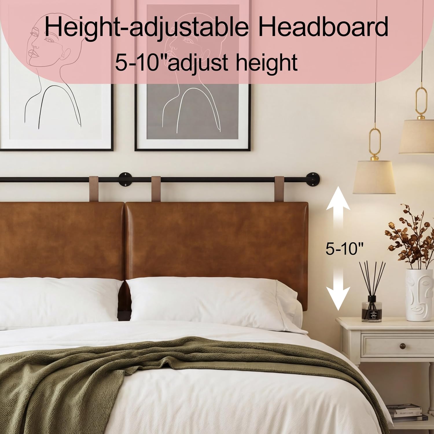 Queen Size Headboard, Wall Mounted Hanging Upholstered Bed Headboard with Modern Design Faux Leather Padded Headboards Ideal for Bedroom (Brown Leather, Queen