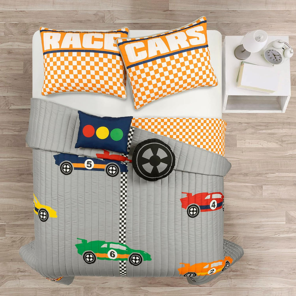 Lush Decor Racing Cars Reversible Oversized 5 Piece Quilt Set, Full/Queen, Gray & Orange