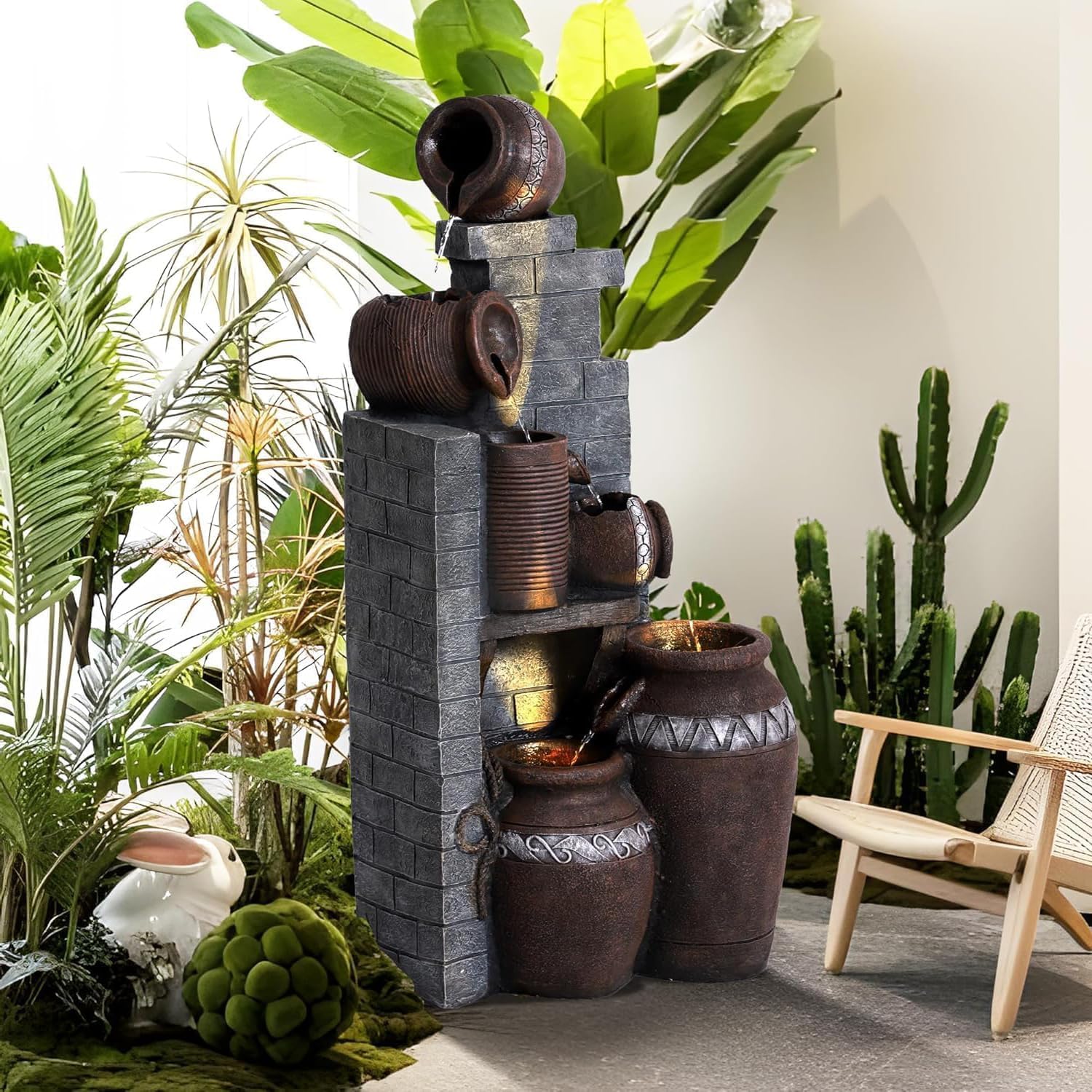6-Tiers Garden Waterfall Fountain Outdoor - 40''H Water Fountains and Waterfalls, Large Outdoor/Indoor Floor Standing Resin Water Fountain with LED Light for Patio, Garden and Home (Grey)
