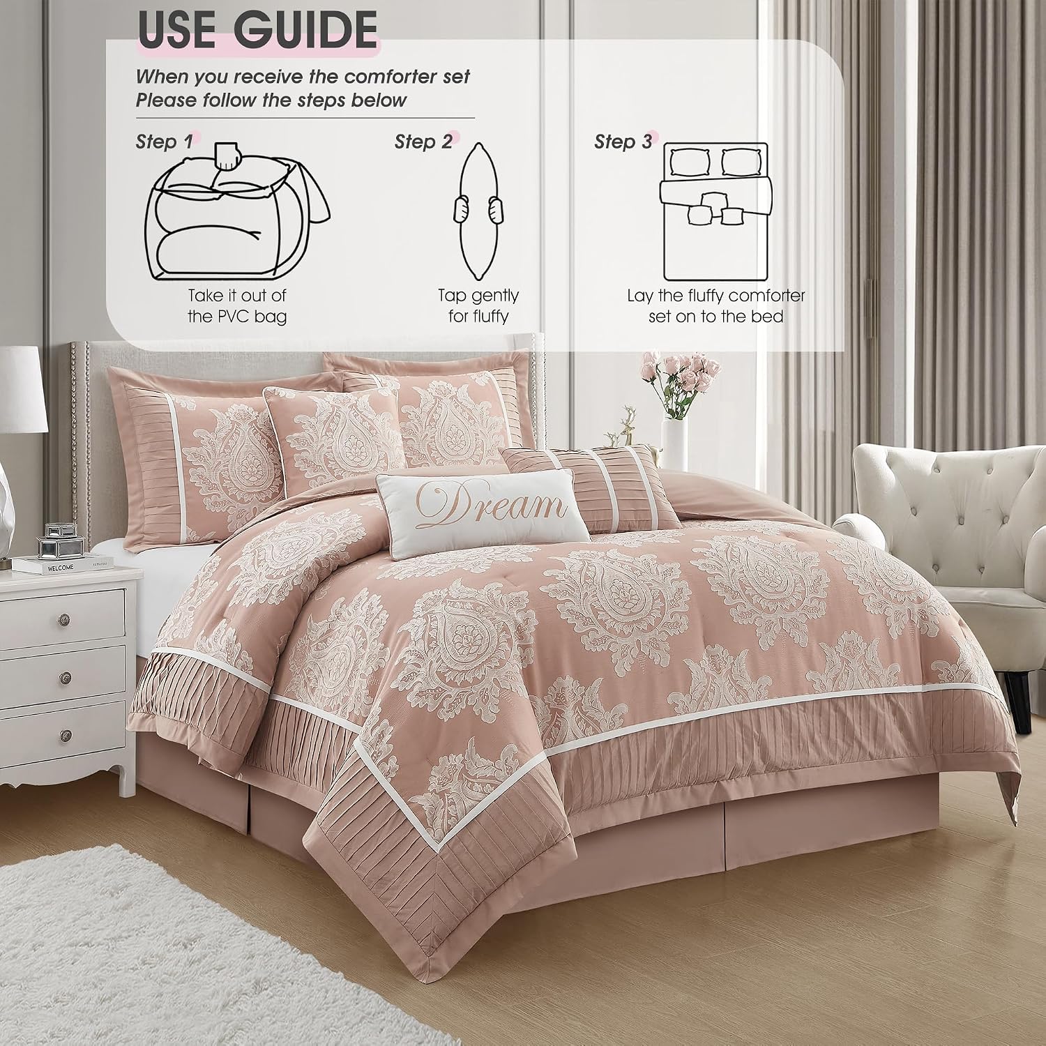 LANCO MODERN LIFESTYLE Blush Queen Comforter Set 7 Pieces, Jacquard Woven with Damask, Bedding Set in a Bag Includes Comforter, Bed Skirt, Pillow Shams, and Decorative Pillows