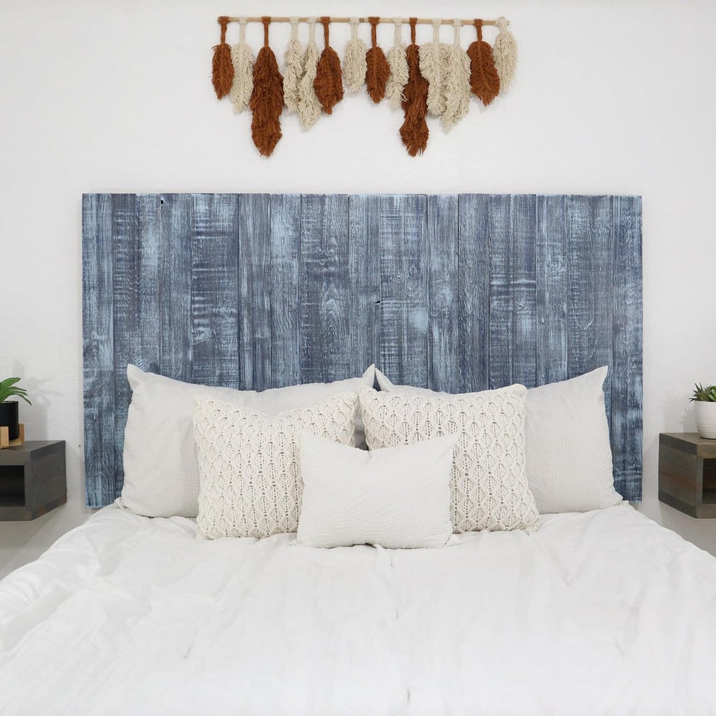 Barn Walls Queen Wood Headboard - Blue Stonewash Farmhouse Design - Wall Mounted Floating Headboard for Queen Bed - Handcrafted Solid Wood - Easy No-Drill Installation