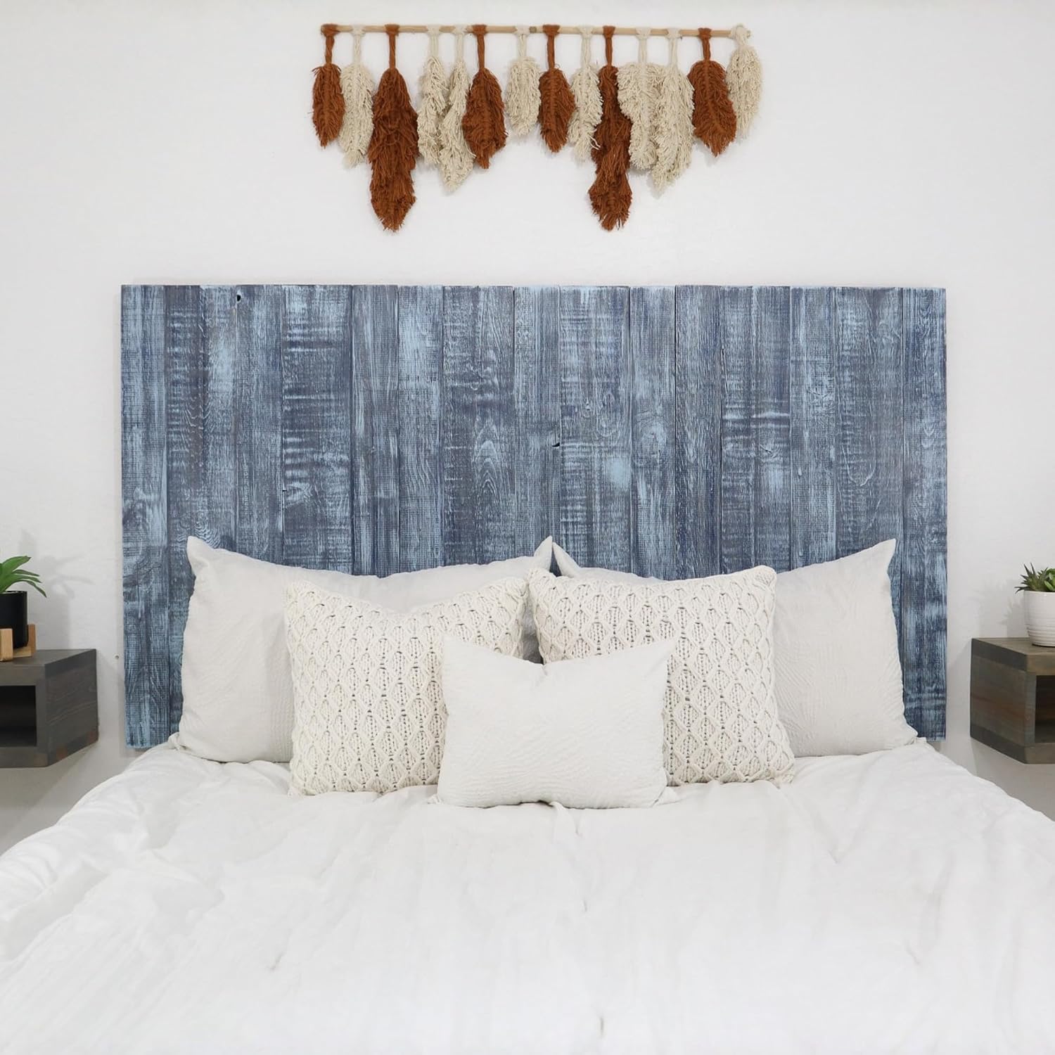 Barn Walls Queen Wood Headboard - Blue Stonewash Farmhouse Design - Wall Mounted Floating Headboard for Queen Bed - Handcrafted Solid Wood - Easy No-Drill Installation