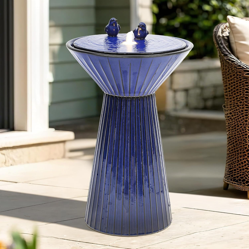 28' Tall Ceramic Outdoor Fountain and Waterfalls, Patio Fountain with LEDs, Birdbath for Outside, Soothing Water Feature for Relaxing Front Porch, Garden, Backyard, Cobalt Blue, 2KD Birds
