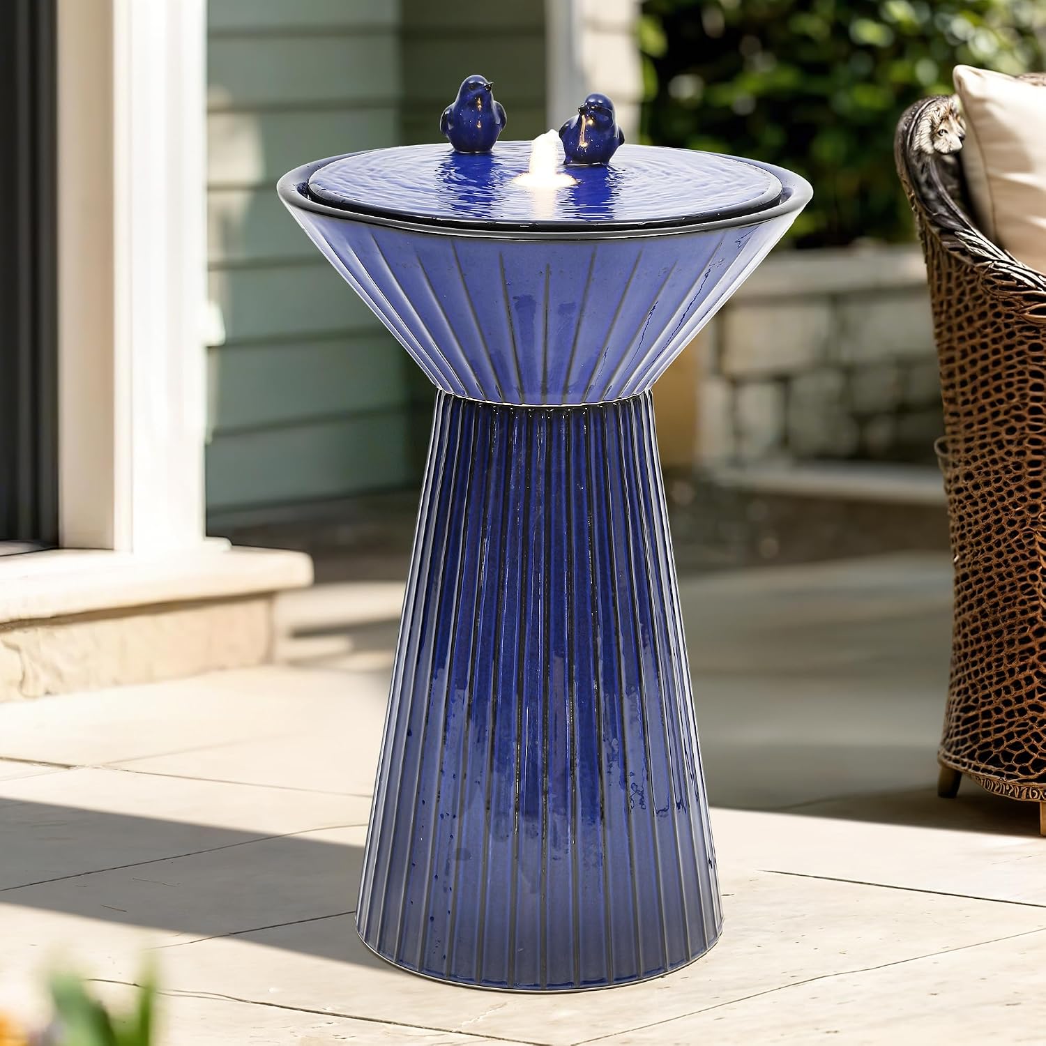 28' Tall Ceramic Outdoor Fountain and Waterfalls, Patio Fountain with LEDs, Birdbath for Outside, Soothing Water Feature for Relaxing Front Porch, Garden, Backyard, Cobalt Blue, 2KD Birds