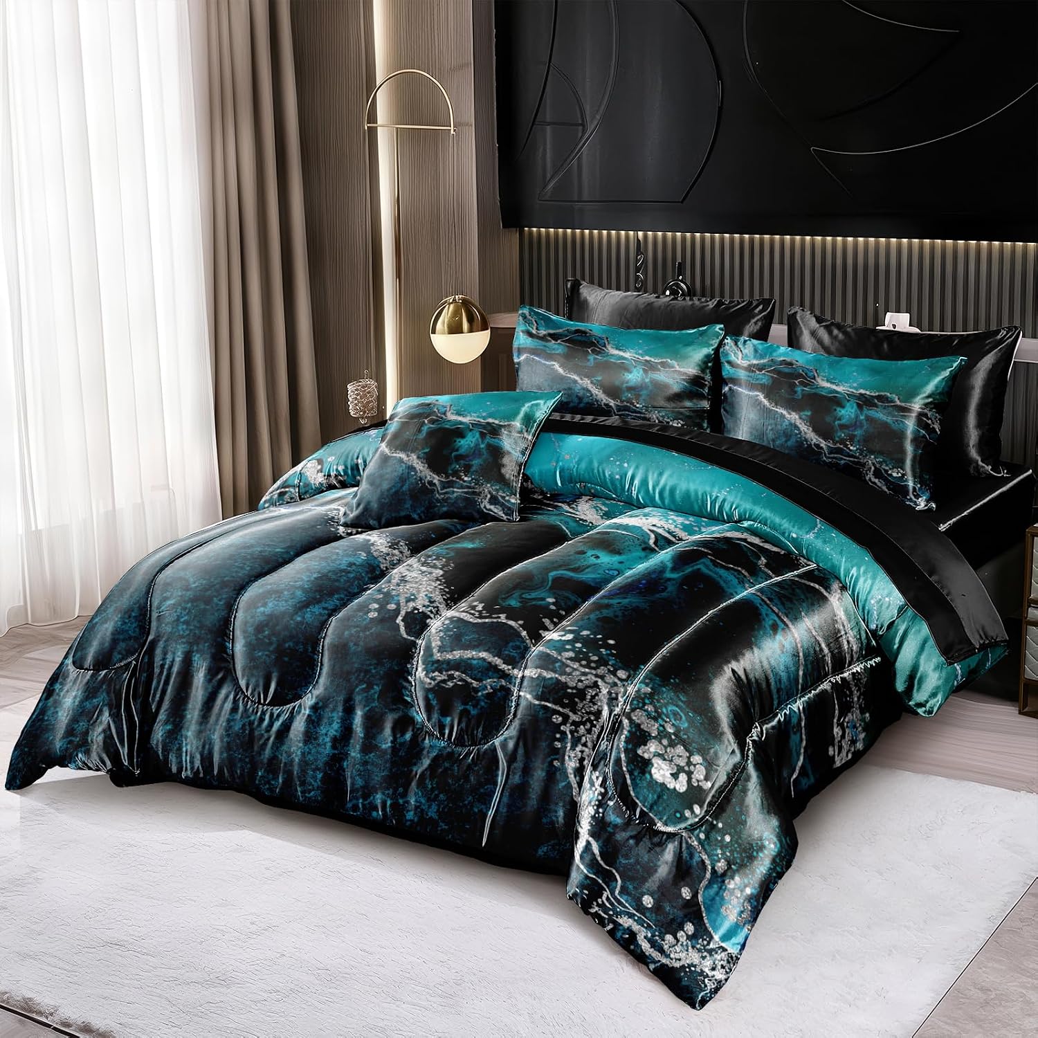 Bedorm Blue Marble Comforter Set King Silky Satin Bed in A Bag Black Marble Stone Abstract Texture Silk Like Black Satin Bedding Set with Comforter and Sheet Set