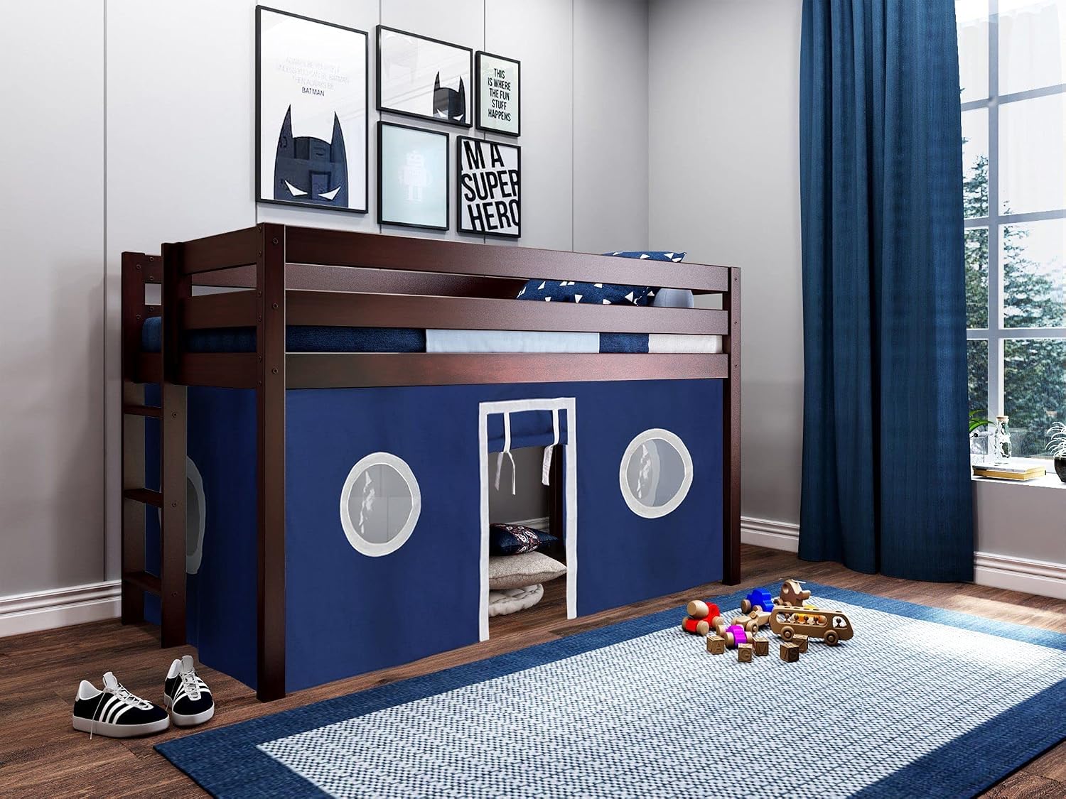 Jackpot! Contemporary Low Loft Twin Bed with End Ladder, Cherry with Blue & White Tent