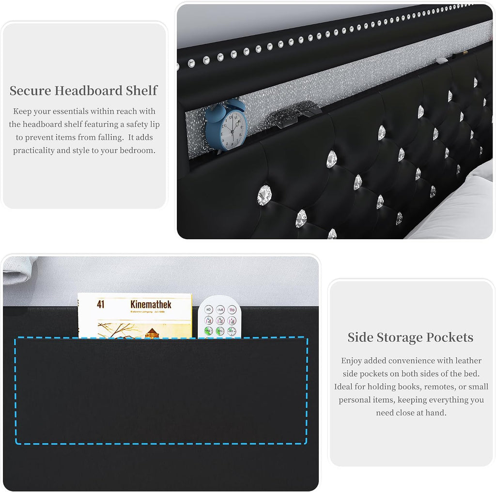 Queen Led Bed Frame with 2 Drawers, Heavy Duty Upholstered Platform Bed Frames Queen Size with Storage and Adjustable Crystal Button Tufted Headboard, No Box Spring Needed, Easy Assembly, PU Black
