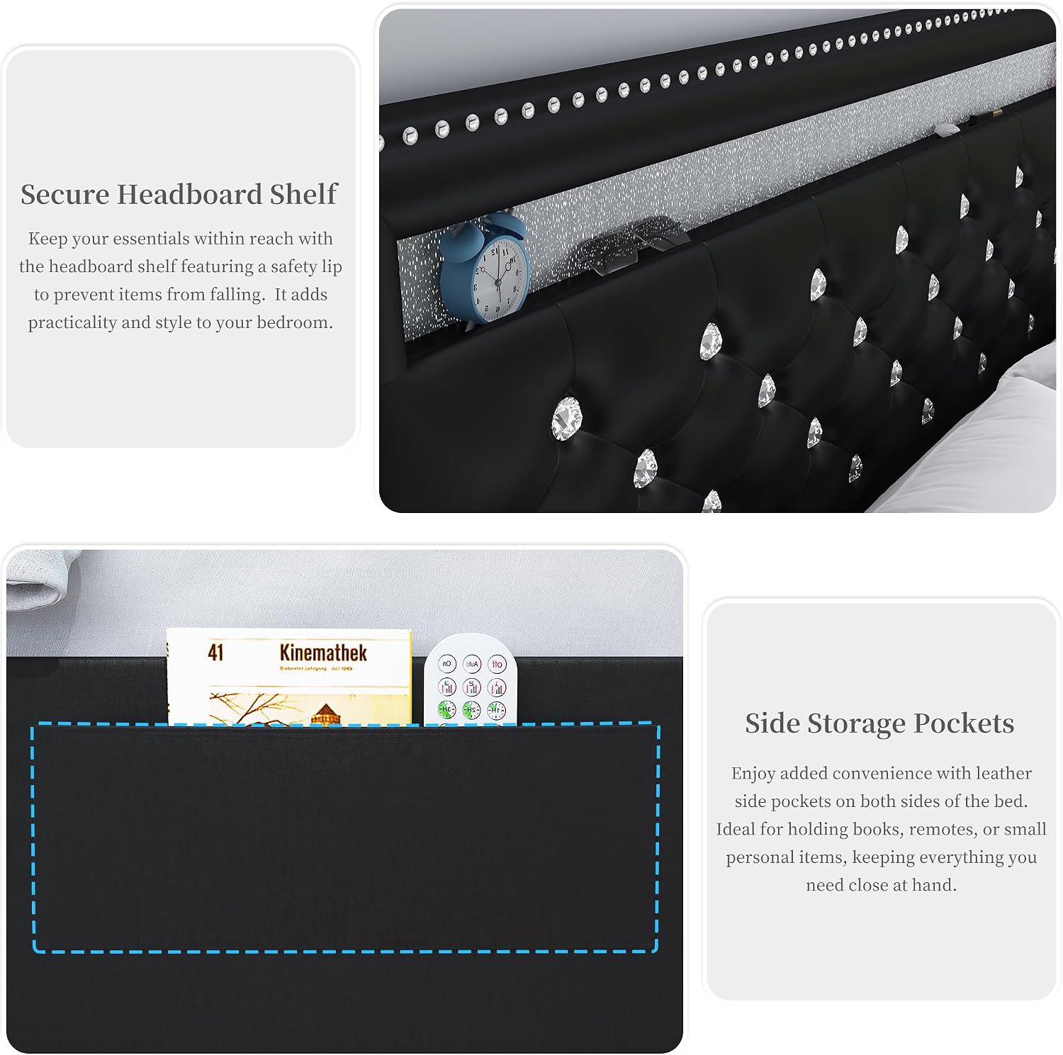 Queen Led Bed Frame with 2 Drawers, Heavy Duty Upholstered Platform Bed Frames Queen Size with Storage and Adjustable Crystal Button Tufted Headboard, No Box Spring Needed, Easy Assembly, PU Black