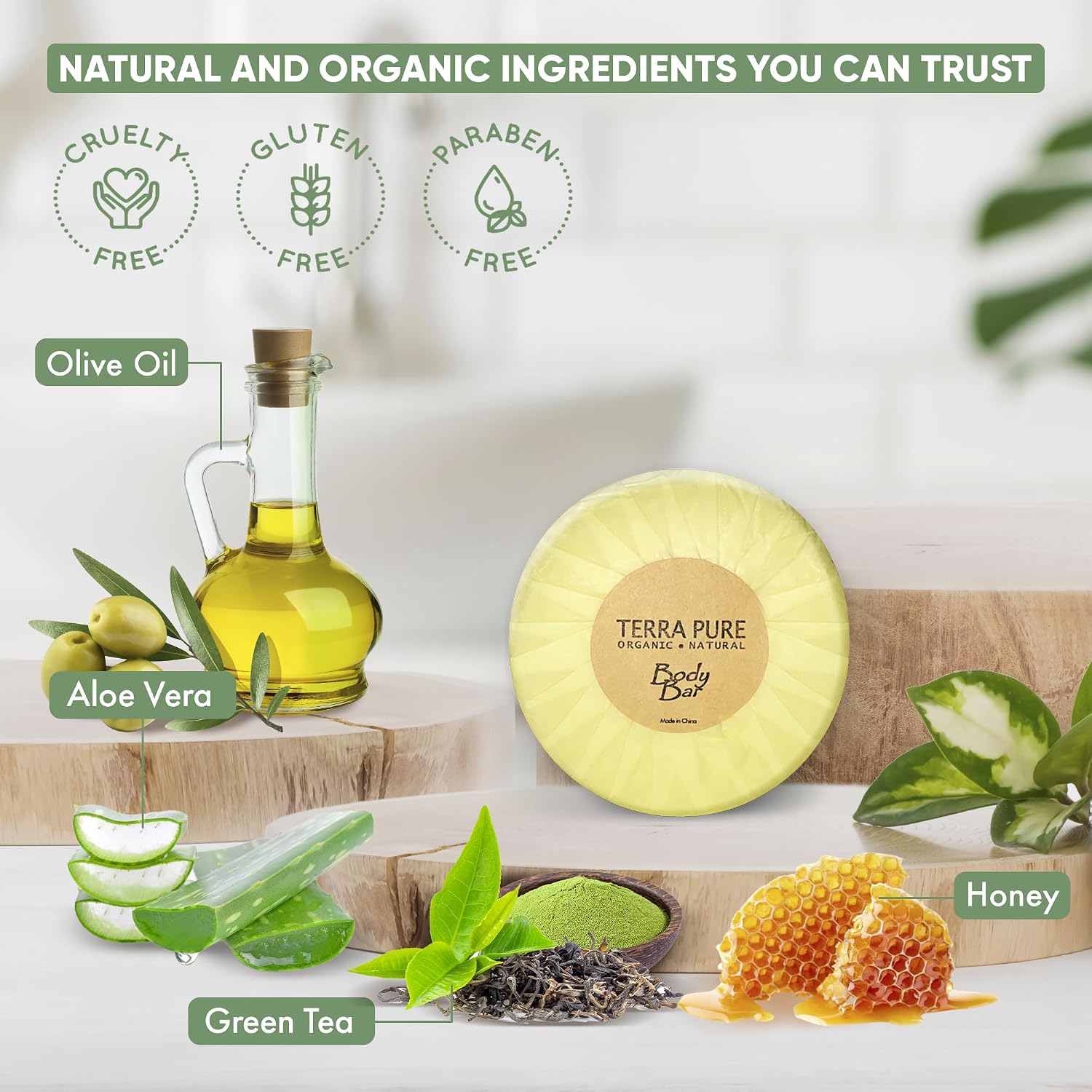 Terra Pure White Tea and Coconut | 300 pcs 1oz Shampoo and Conditioner, Body Wash, Lotion, 1.25oz Cleansing Bar and 100 pcs Bar Soap